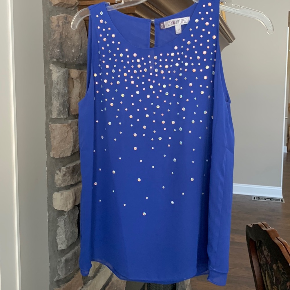 Jennifer Lopez Sleeveless Royal Blue Bejeweled Chiffon Top size XS